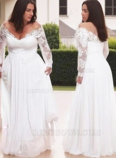 2025 A-Line Wedding Dresses Chiffon Off Shoulder Long Sleeves lace Plus Size