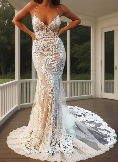 2025 Mermaid Sexy Wedding Dresses Sweetheart Spaghetti Straps Halter Lace