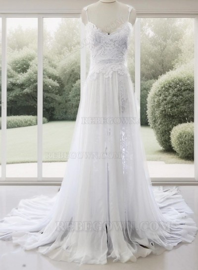 A Line Sweetheart Spaghetti Straps Side Slit Chiffon Lace Beach Wedding Dresses 2025
