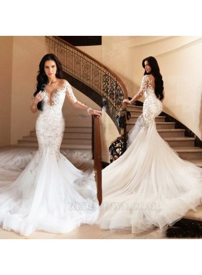 2025 V-neck Long Sleeves Lace Wedding Dresses