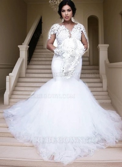 2025 Mermaid  White Tulle With Appliques Sleeves Wedding Dresses