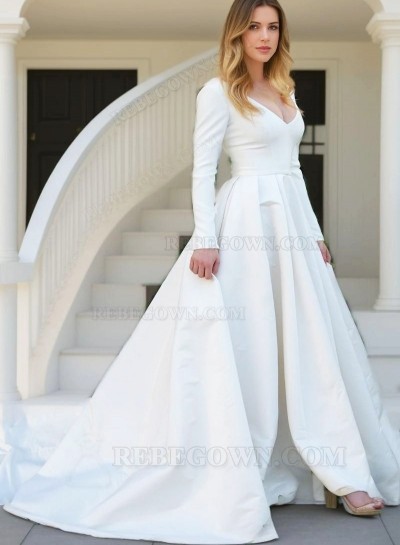 A Line Satin Long Sleeves Plain Wedding Dresses 2025