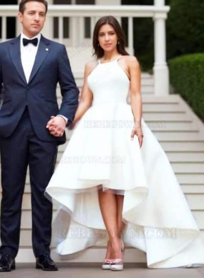 2025 A Line Satin Plain High Low Short Wedding Dresses