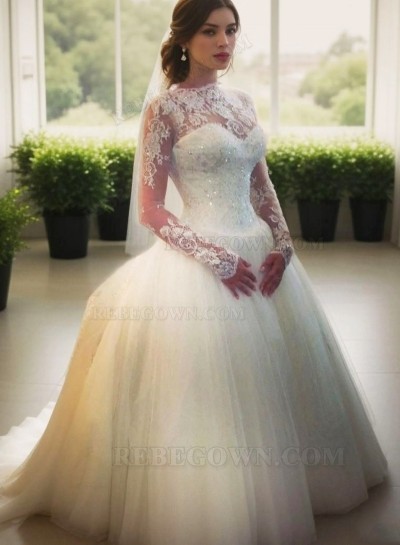 Ball Gown Sweep Train Beading Bateau Long Sleeves Tulle Wedding Bridal Gowns / Dresses