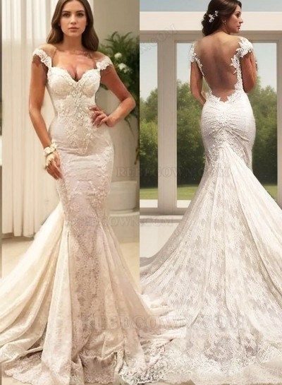 Lace Watteau Train Trumpet/Mermaid  Sleeveless Off-The-Shoulder Zipper Wedding Dresses / Gowns With Appliqued