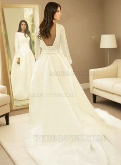 Satin Court Train A-Line Long Sleeve Bateau Zipper Wedding Dresses / Gowns With Appliqued