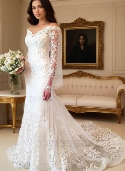 Tulle Court Train Sheath/Column Long Sleeve Off-The-Shoulder Covered Button Wedding Dresses / Gowns With Appliqued