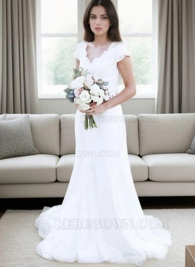 Chiffon Sweep Train Sheath/Column Sleeveless V-Neck Covered Button Wedding Dresses / Gowns With Appliqued
