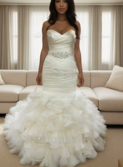 Mermaid Sweetheart Organza Beaded Belt Ruffles 2025 Wedding Dresses