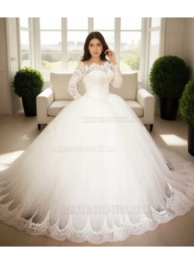 2025 New Arrival Off The Shoulder Long Sleeves Lace Ball Gown Wedding Dresses