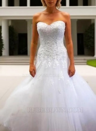 A Line Sweetheart White Tulle With Appliques Wedding Dresses