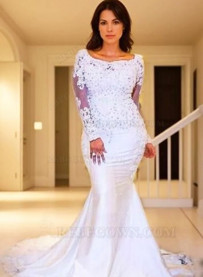 Mermaid Long Sleeves Satin Scoop Wedding Dresses 2025