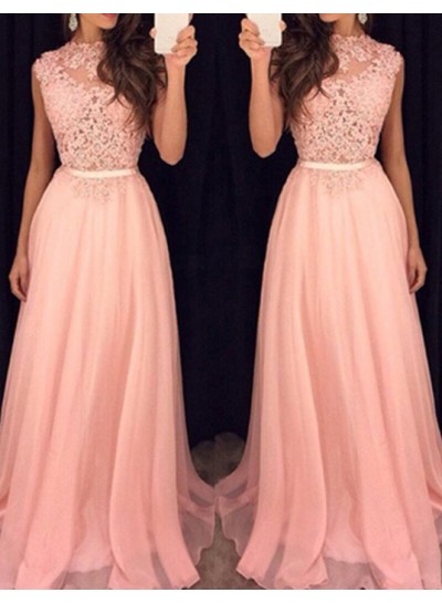 2022 Glamorous Pink Sleeveless Appliques A-Line Prom Dresses