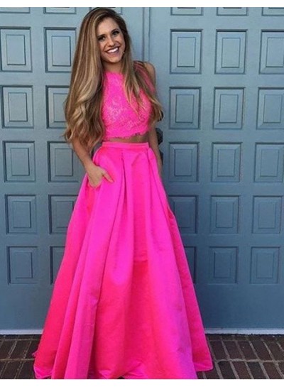 2022 Glamorous Pink Round Neck Sleeveless Lace Two Piece Prom Dresses