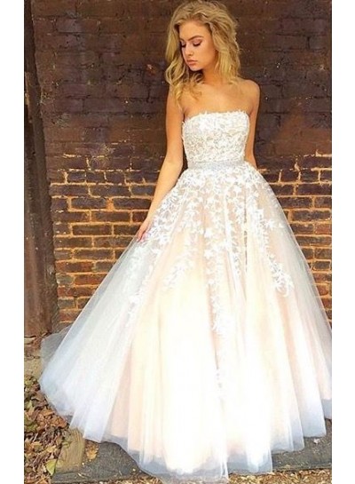 2024 Princess/A-Line Tulle Strapless Champagne Prom Dresses