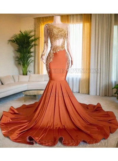 2024 Orange Mermaid Prom Gowns with Gold Beaded Embellishments and One Sleeve