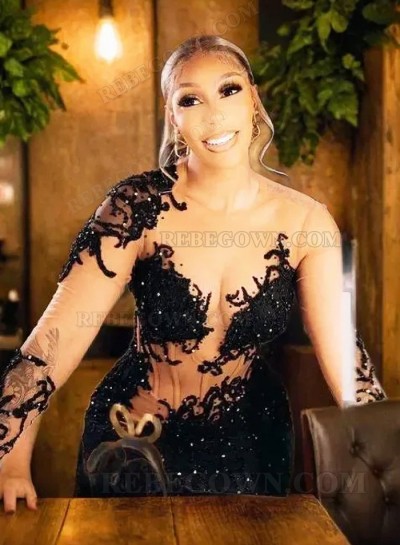 2024 Black Lace Prom Dresses with High Slit and Beaded