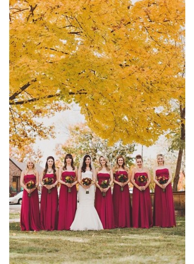 2023 A Line Strapless Chiffon Burgundy Long Bridesmaid Dresses / Gowns
