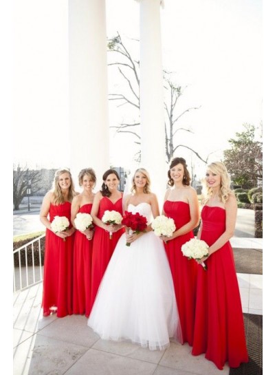 2024 A Line Chiffon Red Long Strapless Bridesmaid Dresses / Gowns