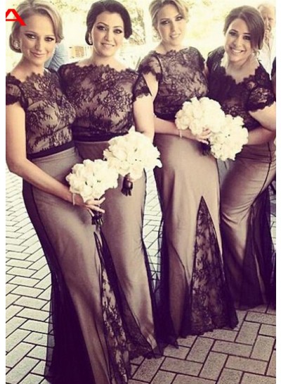 2024 New Arrival Mermaid  Black Lace Bateau With Short Sleeves Long Bridesmaid Dresses / Gowns