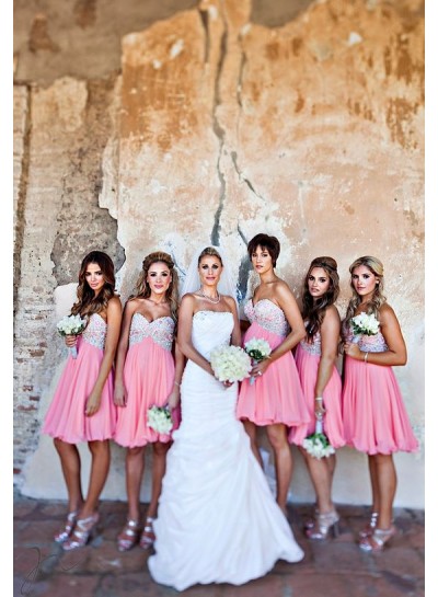 2024 A Line Pink Sweetheart Chiffon Short Bridesmaid Dresses / Gowns
