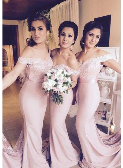 2024 New Arrival Mermaid  Pink Off The Shoulder Lace Long Bridesmaid Dresses / Gowns