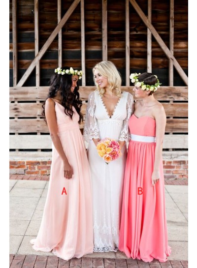 2024 A Line Chiffon Floor Length Pearl Pink Bridesmaid Dresses / Gowns