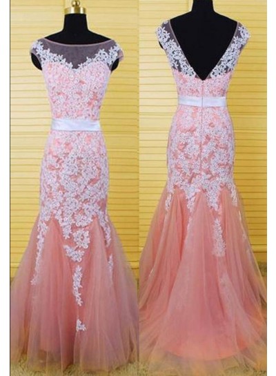Appliques Bateau Neck Mermaid Tulle 2022 Glamorous Pink Prom Dresses