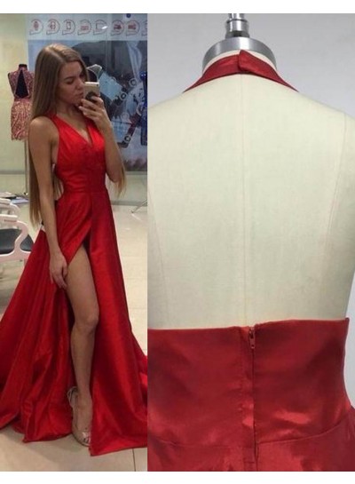 2024 Gorgeous Red Halter High-Slit A-Line Satin Prom Dresses