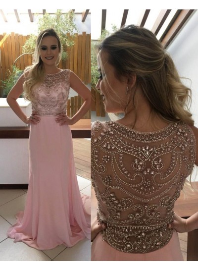 Beading Jewel Neck A-Line Chiffon 2022 Glamorous Pink Prom Dresses