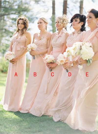 2024 A Line Blushing Pink Strapless Chiffon Floor Length Bridesmaid Dresses / Gowns