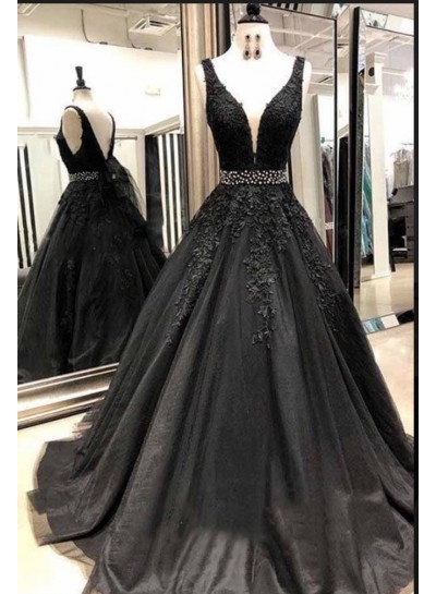 2022 Cheap Black V-neck Beaded Tulle Prom Dresses