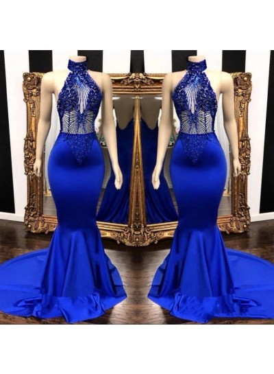 2022 High Neck Beaded Mermaid  Royal Blue Prom Dresses