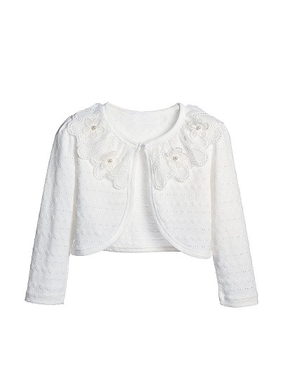 Cute Cotton Pearls Girl's Wrap Outdoor Wrap White Lace Long Sleeves First Holy Communion Wrap