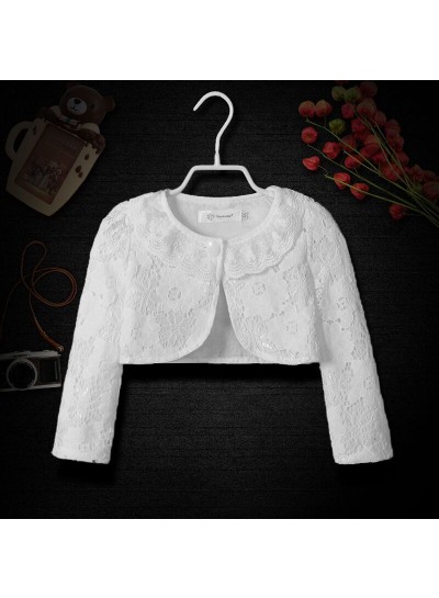 Cute Cotton Girl's Wrap Outdoor Wrap White Lace Long Sleeves First Holy Communion Wrap