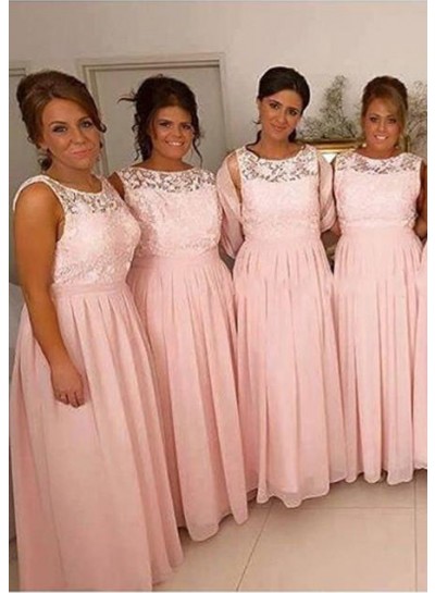 2023 A Line Pink Chiffon Bateau Lace Long Bridesmaid Dresses / Gowns