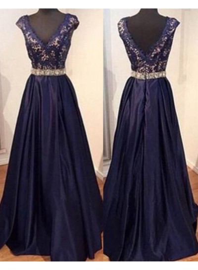 rebe gown 2022 Blue Beading Appliques Long Floor length A-Line Satin Prom Dresses