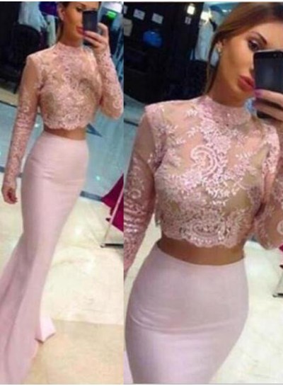 Beading Appliques Stretch Satin Two Pieces 2022 Glamorous Pink Long Sleeve Prom Dresses