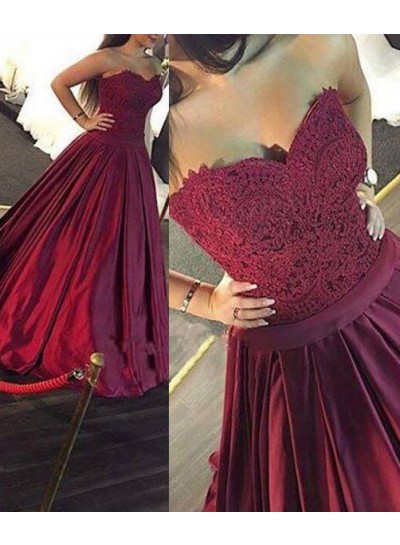 Burgundy Pleated Sweetheart A-Line Lace Prom Dresses