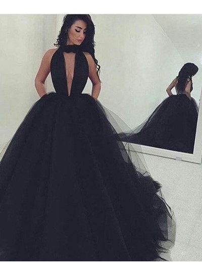 2022 Junoesque Black Gorgeous Deep V-Neck Ball Gown Tulle Prom Dresses
