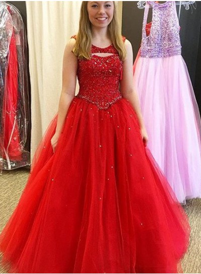 2022 Gorgeous Red Prom Dresses Round Neck Beading Tulle