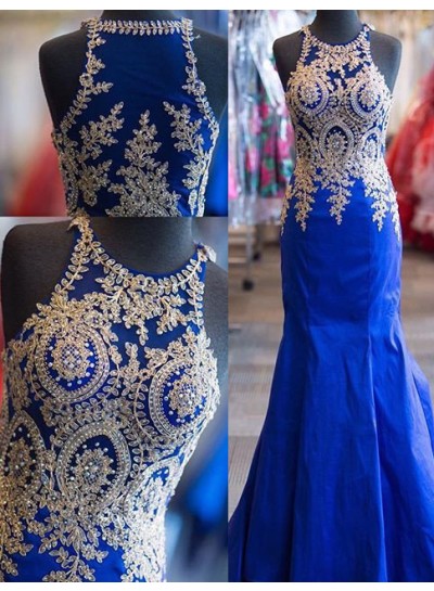 Appliques Mermaid Satin Prom Dresses Royal Blue