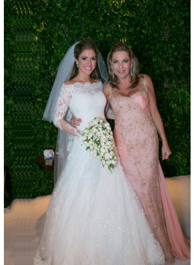Lace Princess Floor Length Bateau 1/2 Sleeves Wedding Bridal Gowns / Dresses
