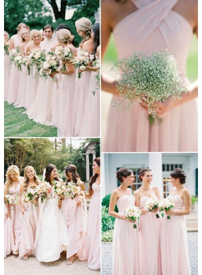 2024 A Line Blushing Pink Chiffon Long Bridesmaid Dresses / Gowns