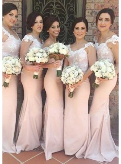 2023 Charming Mermaid  Pearl Pink Off The Shoulder Satin Lace Long Bridesmaid Dresses / Gowns