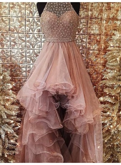 2022 Glamorous Pink Beading Layers Asymmetrical Tulle Prom Dresses