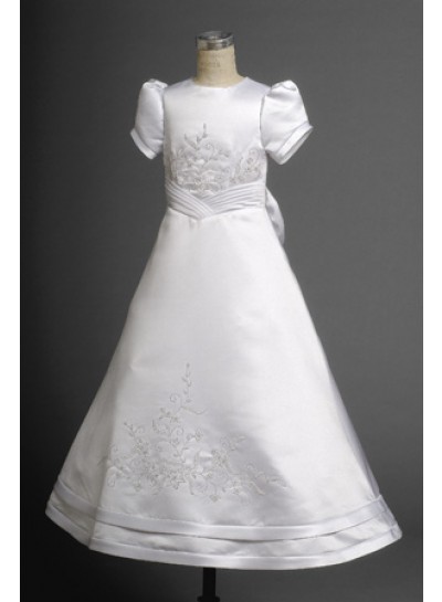 Refined White Satin Short Sleeves Scoop Neck Short Sleeves A-line Floor Length First Holy Communion Dresses 