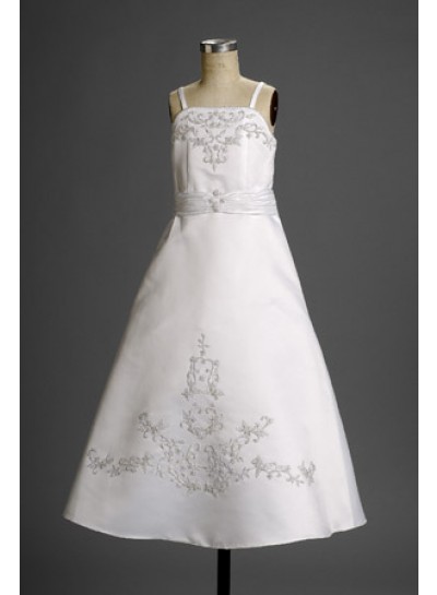 Lovely White Embroider Satin Spaghetti Straps A-line Floor Length First Holy Communion Dresses