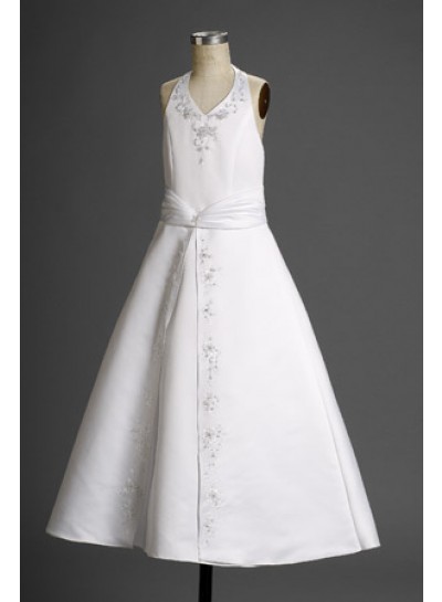 Stunning A-line Satin Halter Applique Floor Length  2024 First Holy Communion Dresses / Flower Girl Gowns