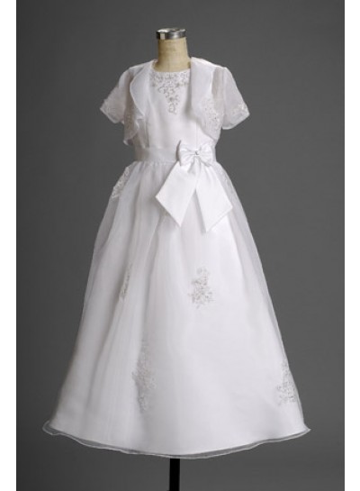 2024 Latest Short Sleeves Applique Floor Length Flower Dress  / First Holy Communion Dresses